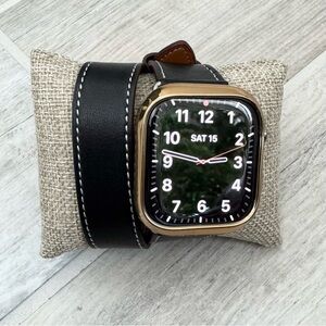 Gold Case Black Leather Wrap Wristband for Smartwatch